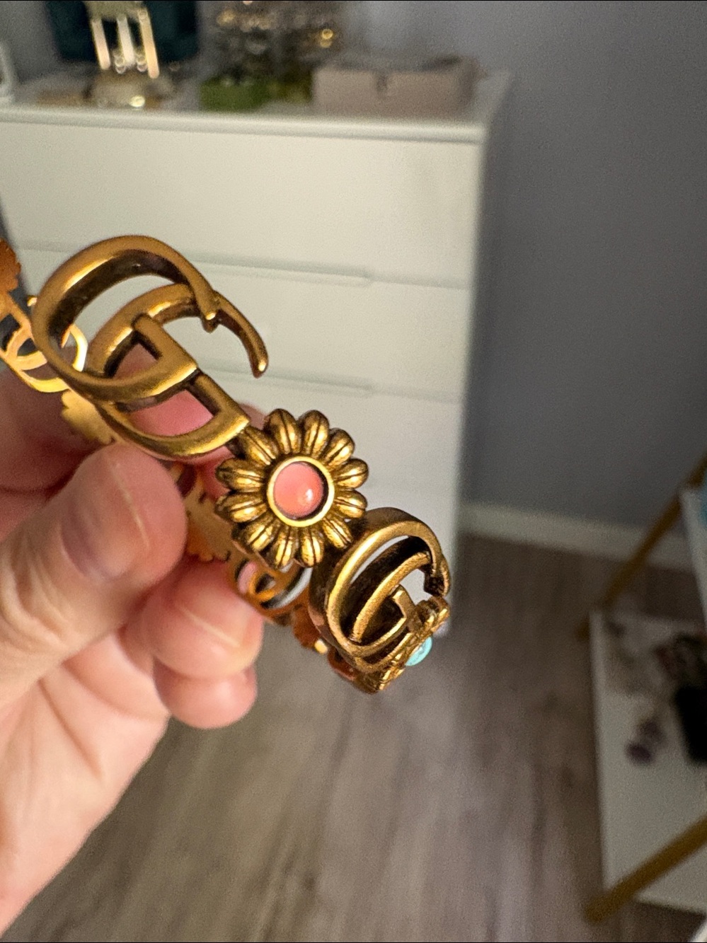 Gucci Old Gold Tone GG Daisy Bracelet with Pink and Turquoise Enamel Accents - Picture 7 of 9